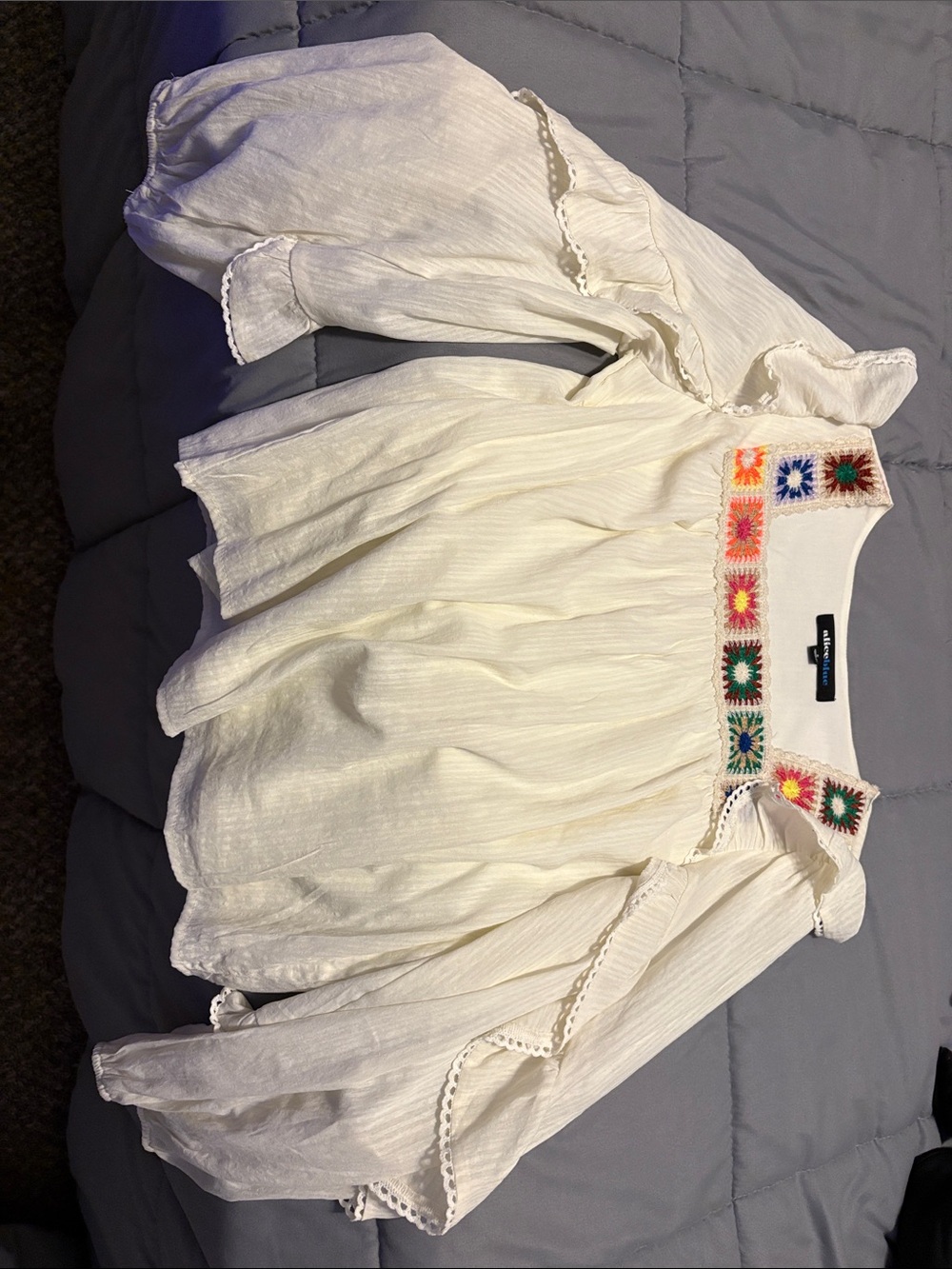 Alice Blue White Peasant Blouse with Multicolor Crochet Accents